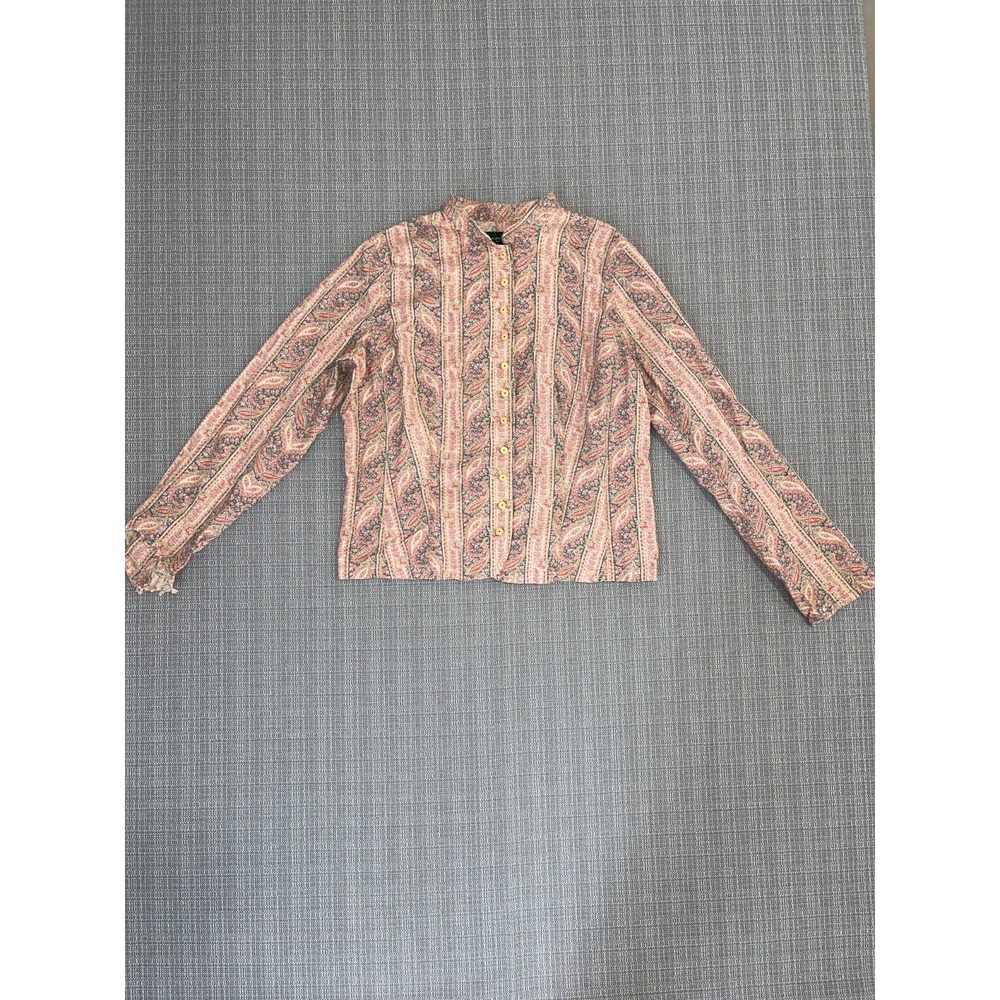 Lauren Ralph Lauren Co Blouse Youth 14 Pink Paisley Linen Ruffle Mandarin Collar